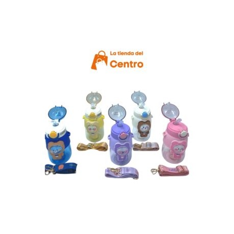 Botella de agua Kawaii con popote y correa con calcomanías 3D,